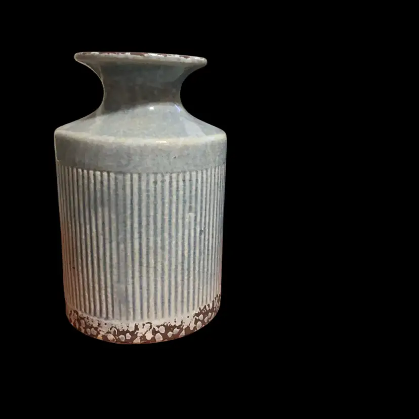 Rustic Blue Gray Ribbed Ceramic Vase – 8” Tall