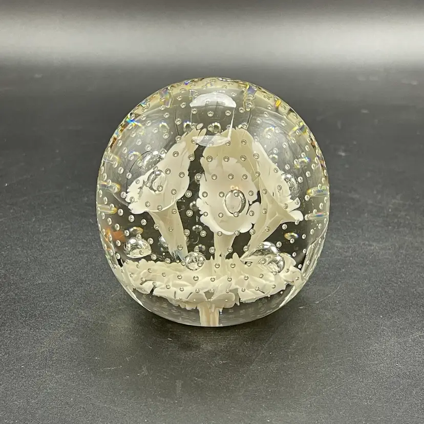 Blown Art Glass Paperweight White Trumpet Flowers Controlled Bubbles