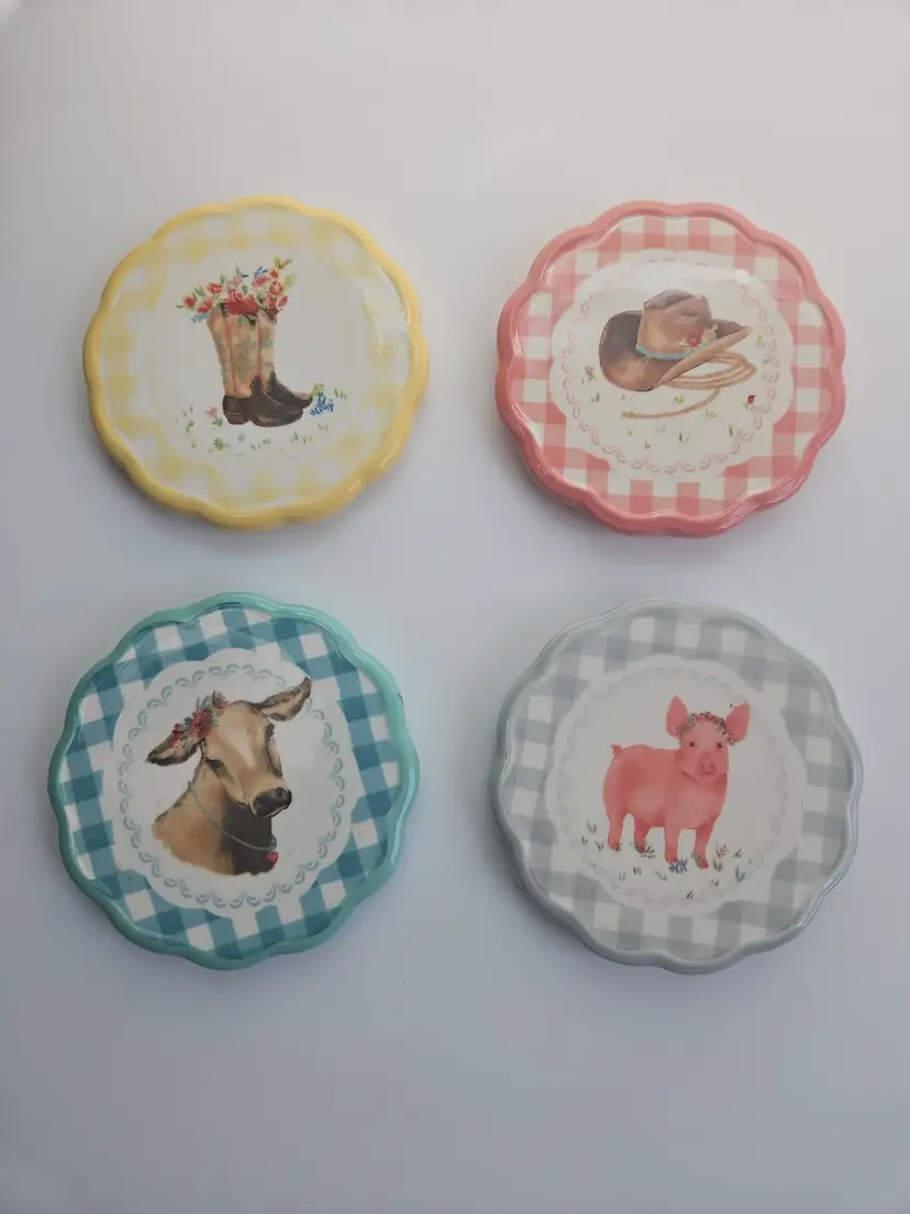 Pioneer Woman Gingham Coaster Set 4 Pig Cow Hat Boots Country