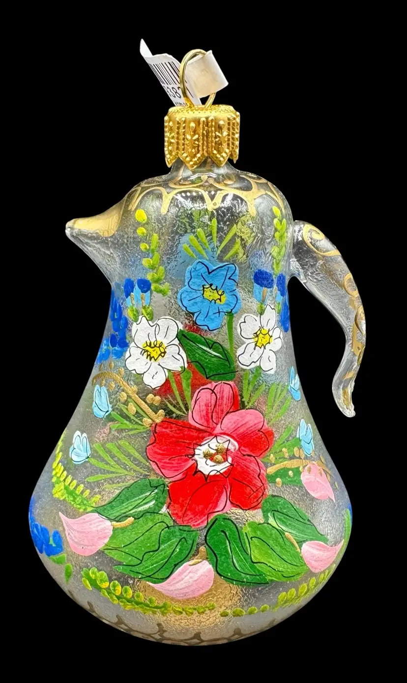 Hand Painted Blown Glass Christmas Ornament Coffee Tea Pot Floral Romania 4”
