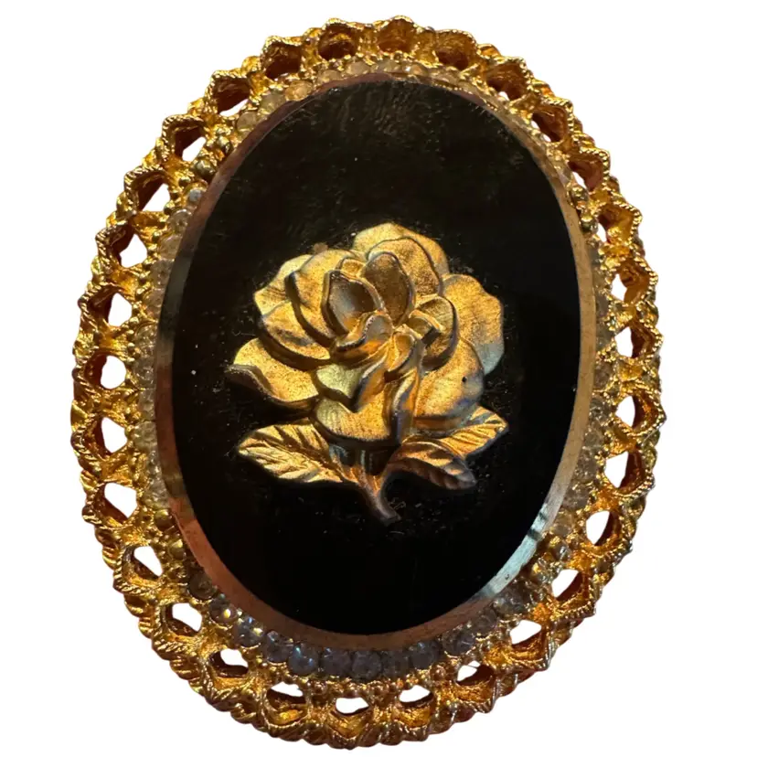 Vintage Celebrity N.Y. Black & Gold Tone Rose Rhinestone Cameo Pendant Brooch