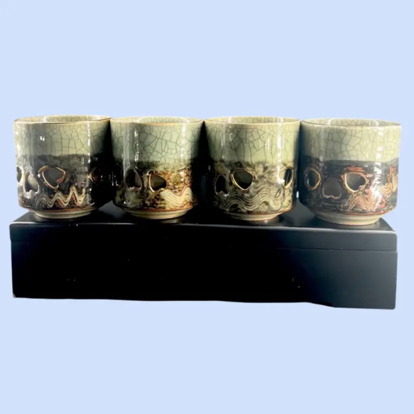 #284- SomaYaki Tea Cups Set 4pc Pottery Saki Somaware Gold Trim Golden Horse Year of The Horse Dual Wall