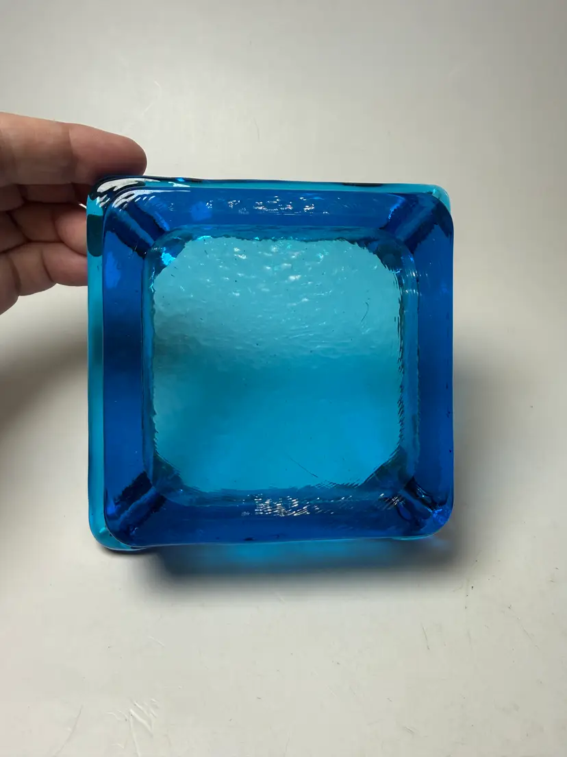 Vintage Mid Century Modern MCM Heavy Electric Blue Art Glass Ashtray Corner Rest