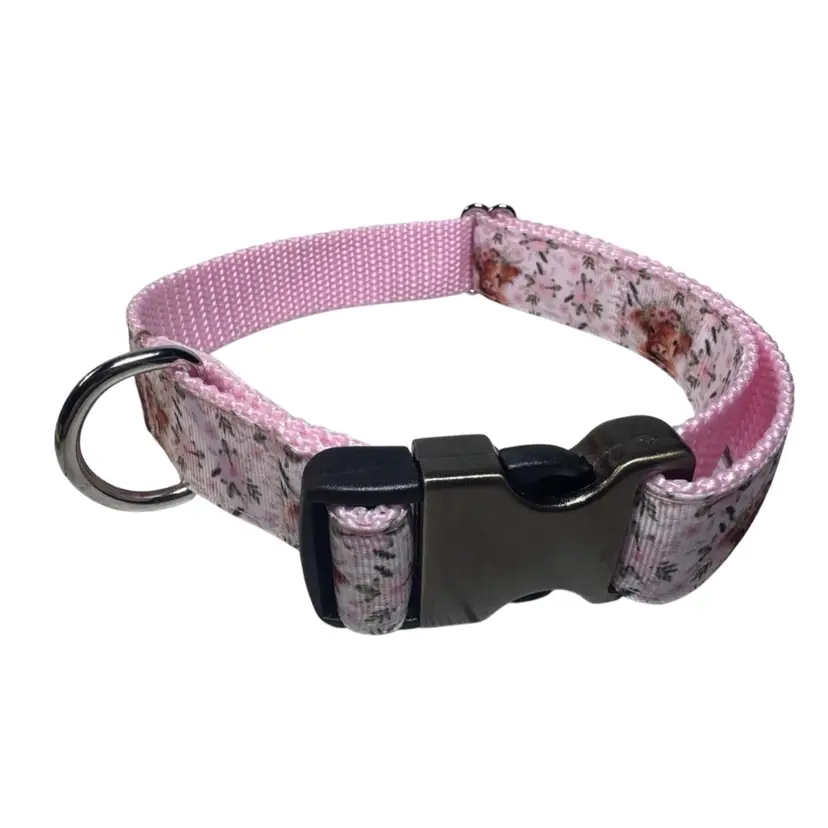 Dog Collar Highland Cow Pink Large Handmade Heavy Duty W/Buckle NEW
