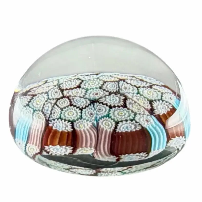 Vintage Murano Millefiori Glass Paperweight Authentic Export Label Aqua•Red•White
1.5” T x 2” W