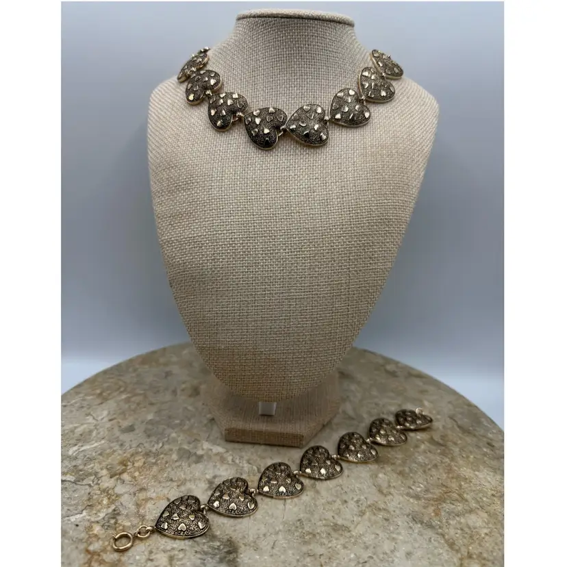 Vintage Signed Germany Heart Panel Link Bracelet & Necklace Set Repousse Style