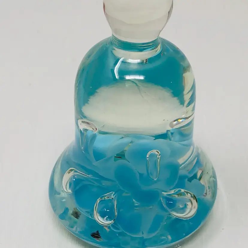 Joe St. Clair Art Glass Bell Shaped Paperweight with Baby Blue Trumpet Flowers