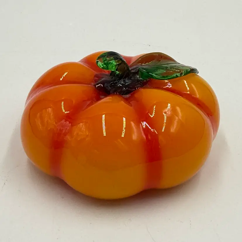 Hand Blown Art Glass Pumpkin Persimmon Figurine Vibrant Orange UV Glows