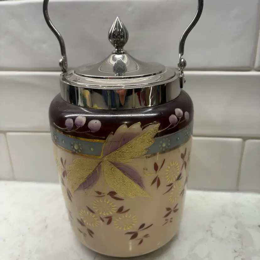 Vintage Opal Glass Biscuit Jar with Chrome Lid - Translucent Hand Painted Floral Canister - Gold Leaves - 70s 80s Nippon Style