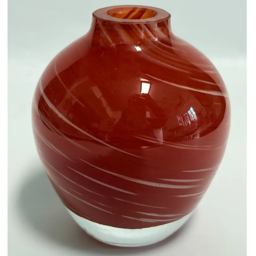 Red- White Swirl Cased Art Glass Weed Pot/ Vase - Hand Blown- 3.25” Tall