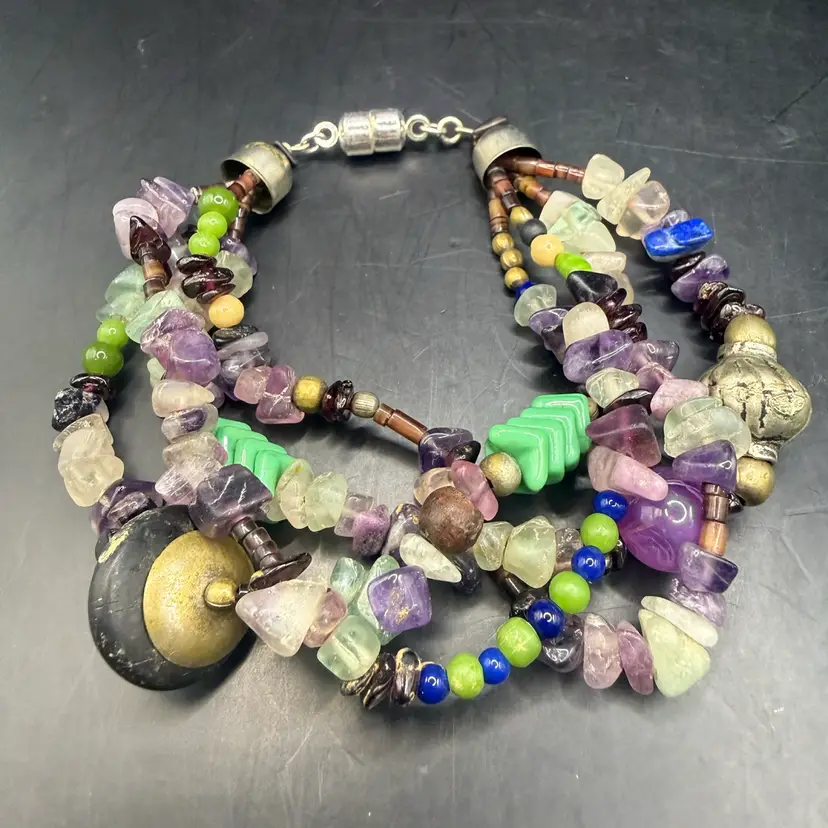 Quartz Amethyst Glass Boho Multi Strand Bracelet 8.75”