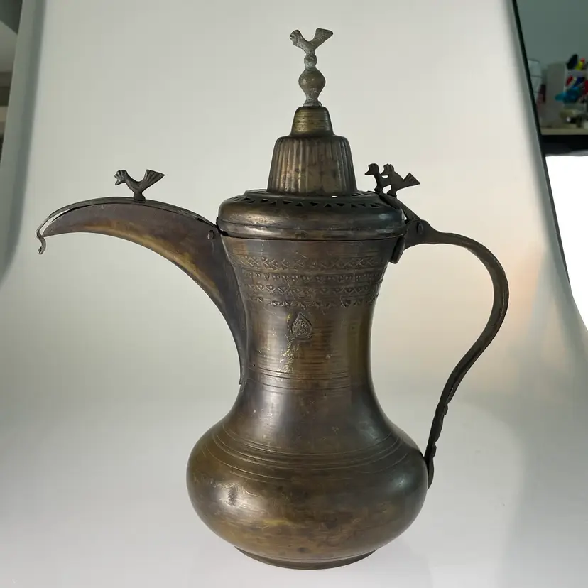 Antique Ottoman Empire Abdülhamid II Tughra Brass Coffee Dallah Pot Bird Finials 11.5"