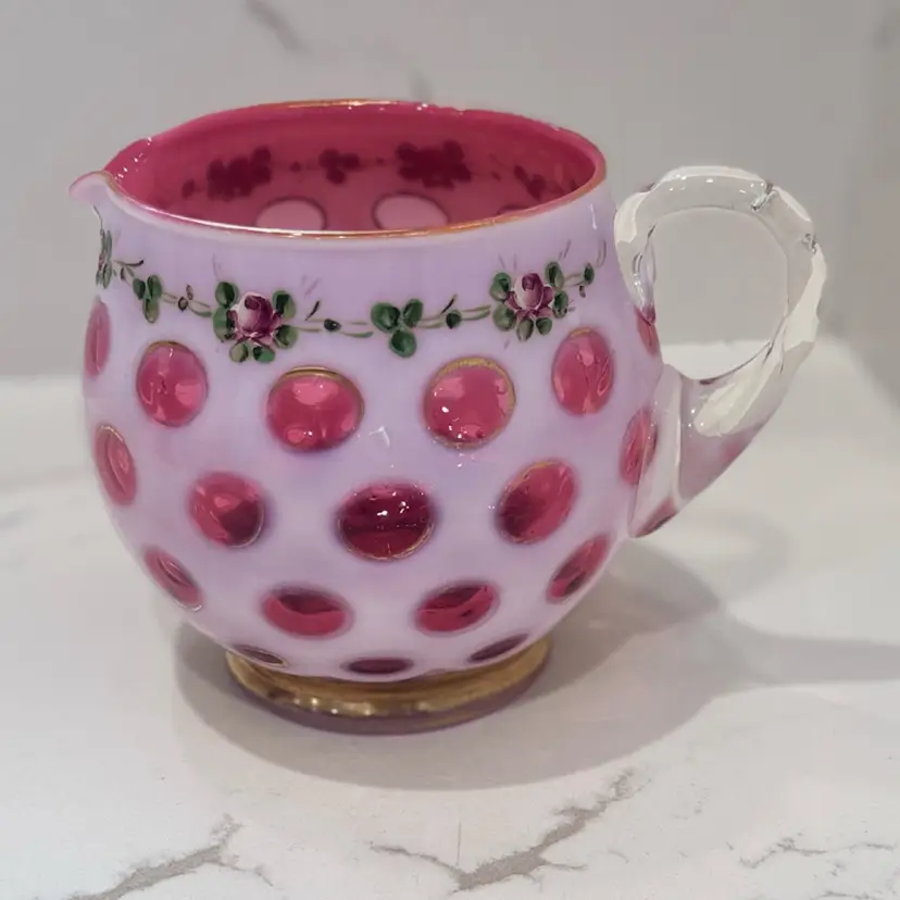 Vtg Fenton Cranberry Opalescent Dot Optic Juice Pitcher Hand Painted With Charleton Roses.  5” T