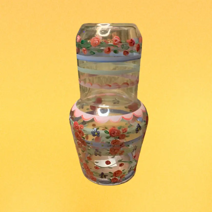21. Vintage Hand Painted Glass Bedside Carafe Tumble Up 7 1/2" with Matching Tumbler, Floral