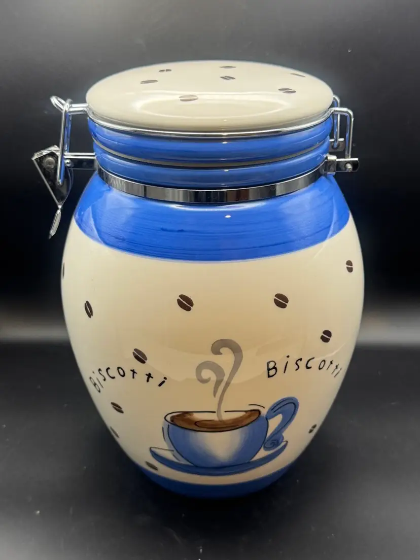 Vintage Biscotti Biscuits Cookie Jar w/Hinged Metal Clasp Lid  - Inspirado Hand Painted 10” X 6.5”