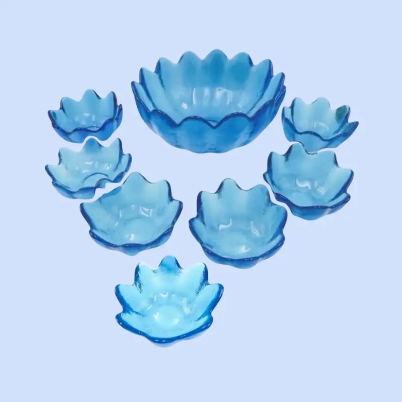 #340- Vintage Blenko 8pc Serving Bowl Set Lotus Pattern 1960 Turquoise Blue Salad Dessert