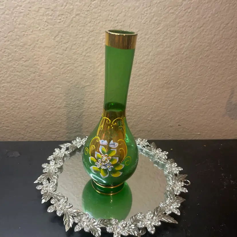Exquisite Bohemian Hand Painted 7” Green Bud Vase