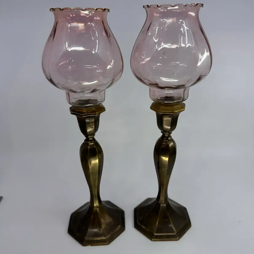 Solid Brass Candleholders With Light Pink Hurricane Glass