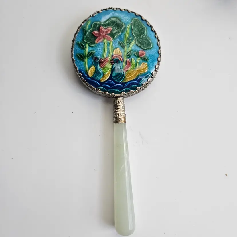 Vintage Chinese Cosmetic Hand Mirror Birds w/ Jade Handle Original Box