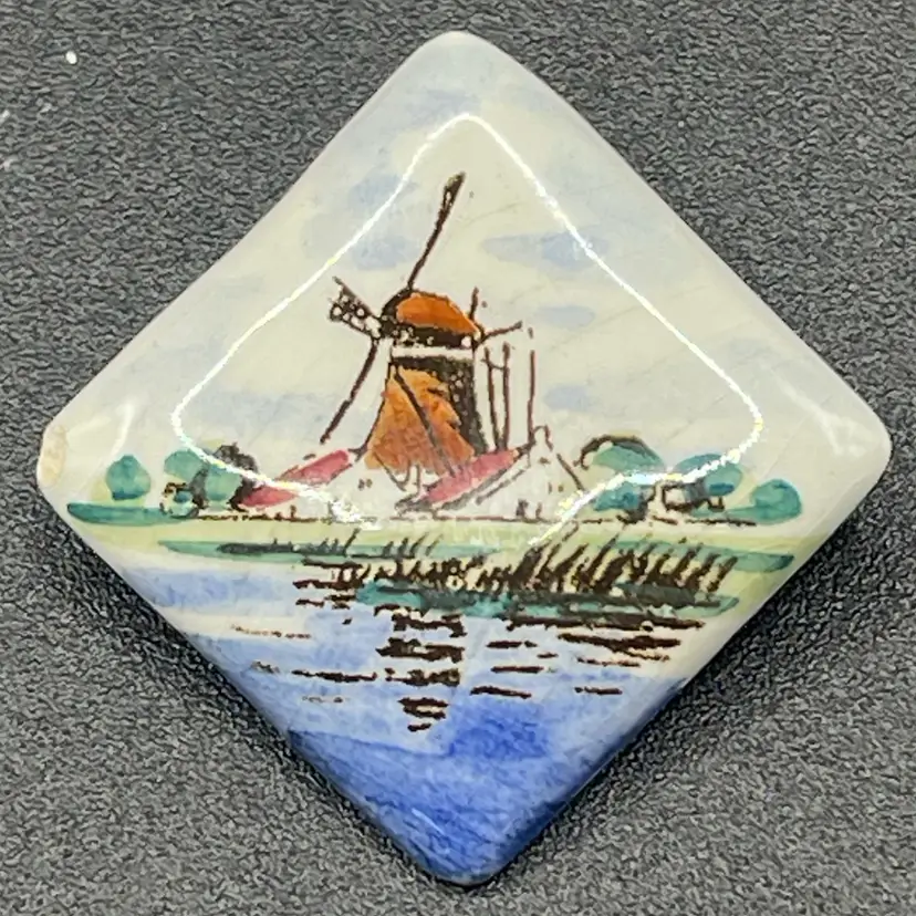 Vintage, Hand Painted, Porcelain Dutch Windmill Brooch
