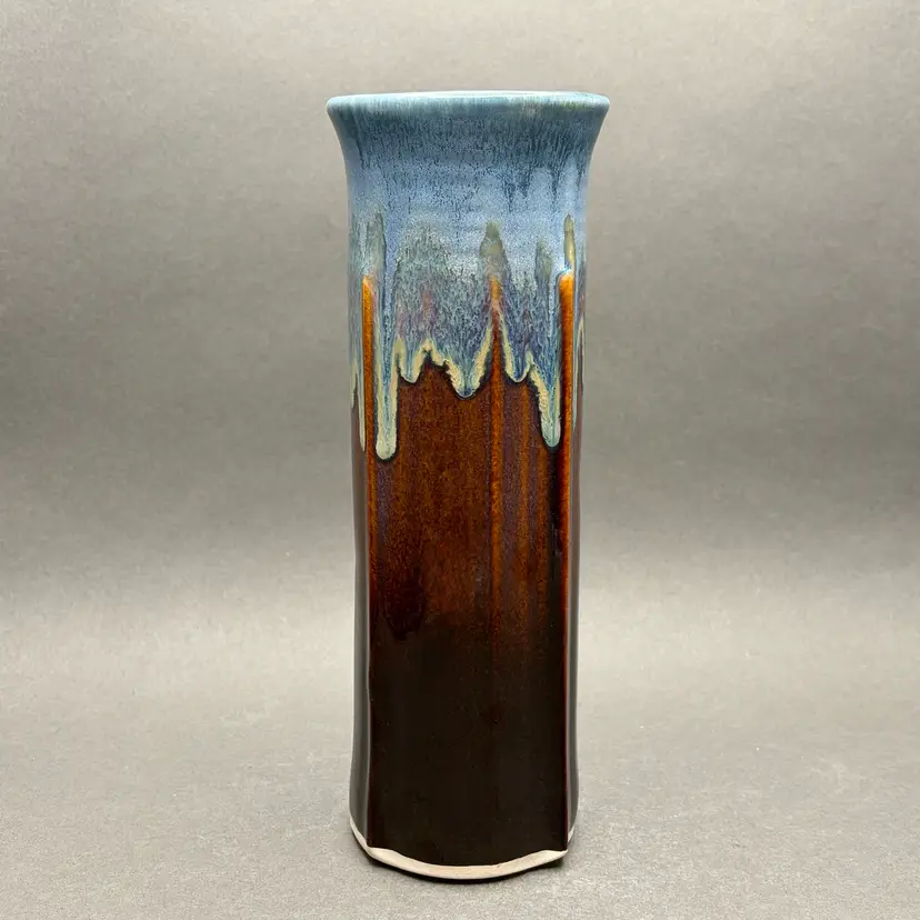 Vintage Bill Campbell Studio Art Pottery Drip Glaze Vase in Blue and Brown