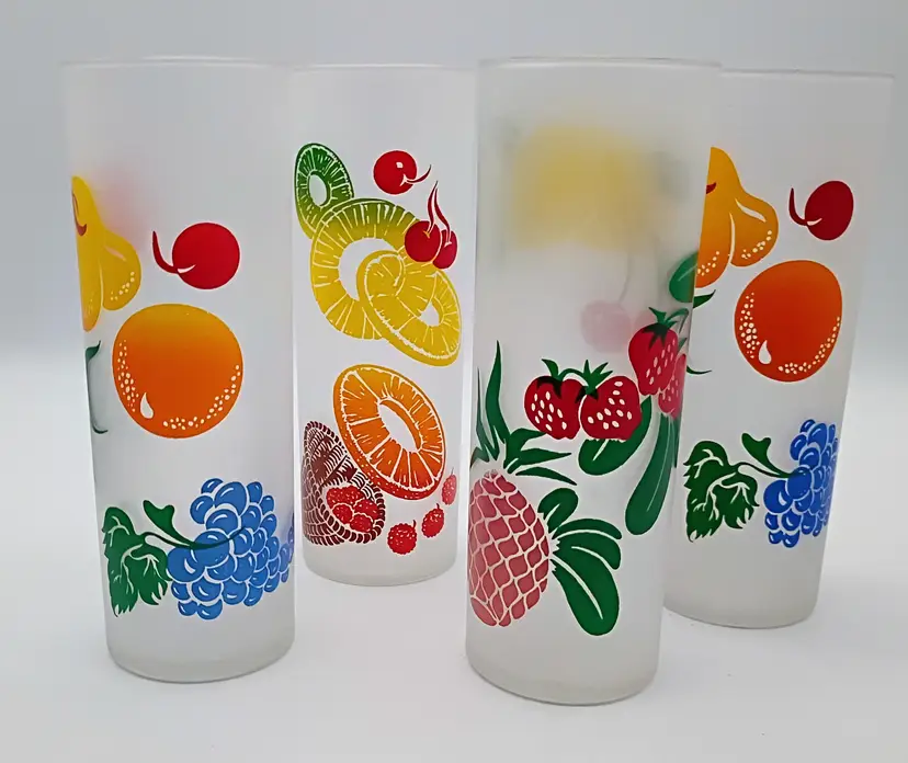 4 Vintage Federal Frosted Drinking Glasses ~ Fruit Décor ~ Tom Collins ~ Barware