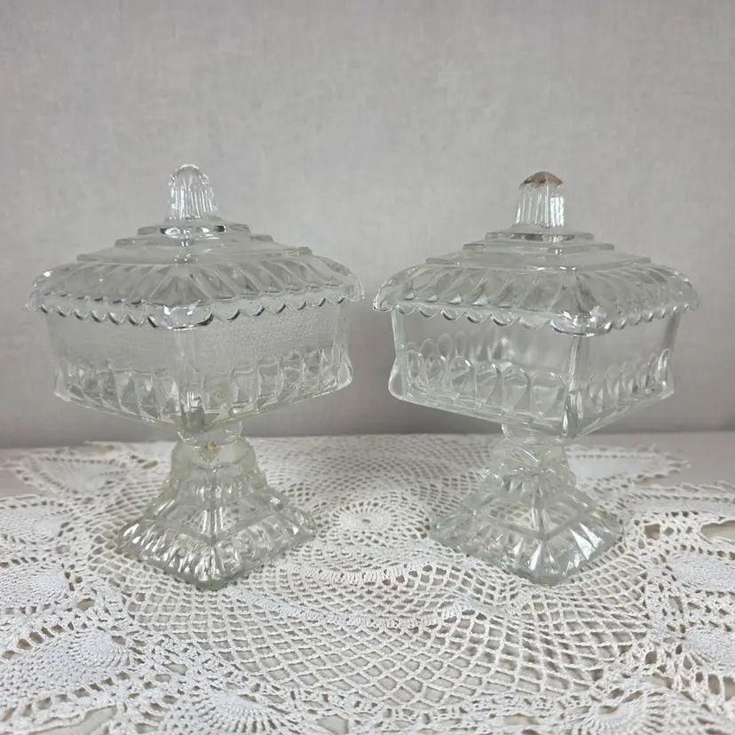 Vintage Clear Glass Pedestal Candy Dish Set of 2 Lidded Compote Pressed Glass Trinket Dish