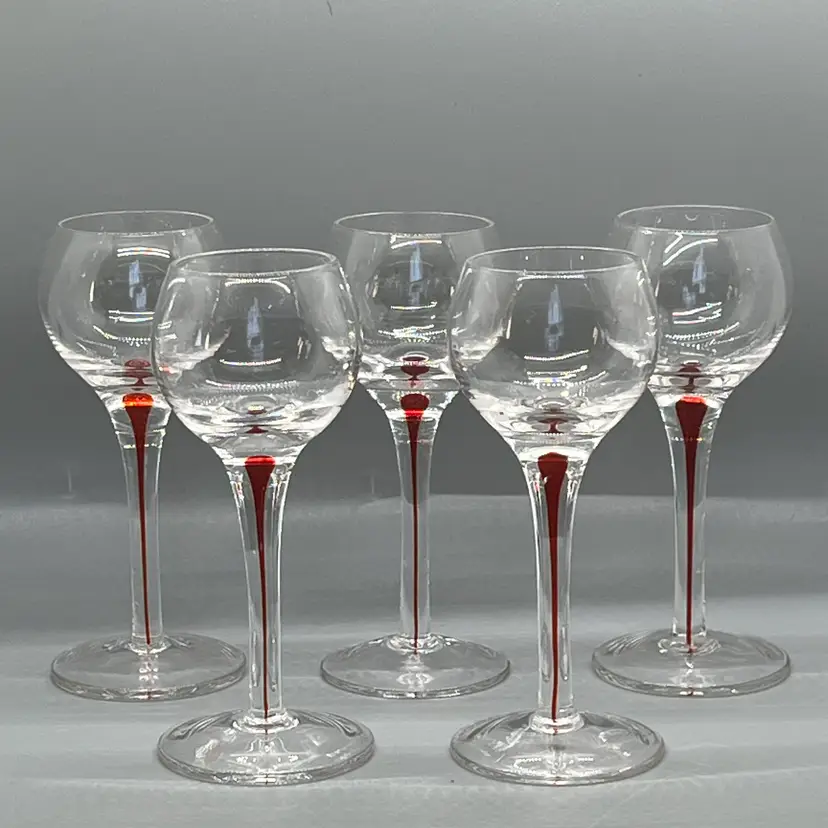 Pier 1 Ruby Red Tear Drop Filament Stem Cocktail Cordial Glasses Set of 5