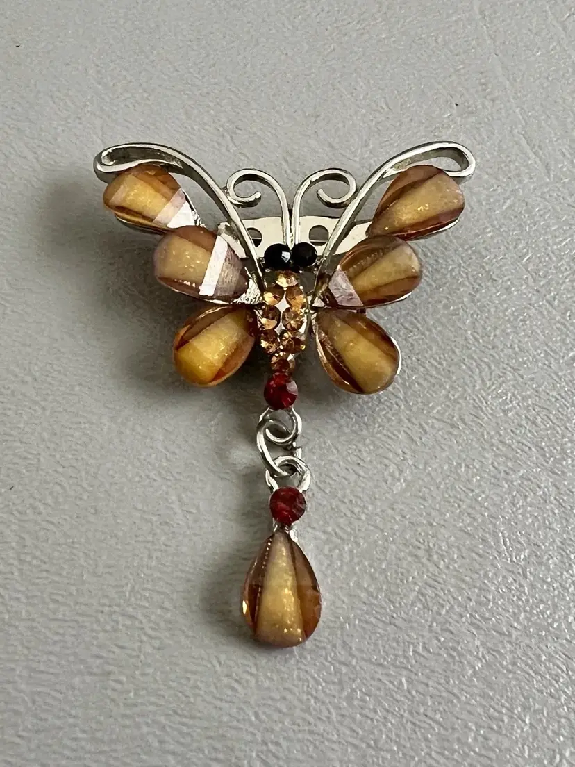 Vintage Amber Butterfly Brooch Dangle Rhinestone Silver Tone Pin