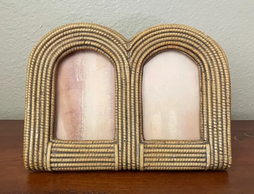 1970's Lucid Lines Inc Arched Rolled Rattan Double Photo Frame BOHO Decor