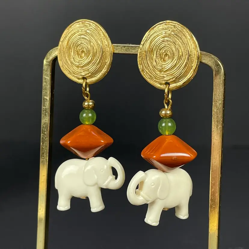Lucky Elephant Resin Bead Boho Gold Tone Coin Top Dangle Earrings Vintage 2.5"
