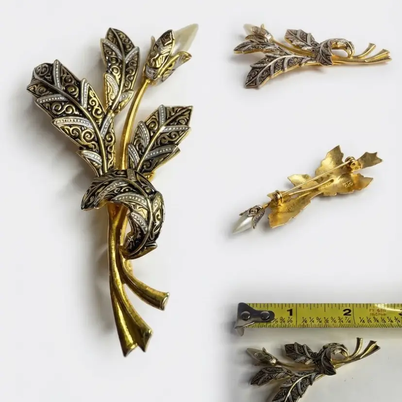 Gold-Tone & Black Damascene Floral Bouquet Brooch with Faux Pearl Bud