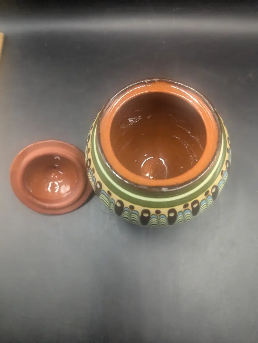 Vintage BULGARIAN TROYAN Bowl w/Lid Green Yellow Brown Folk Art Redware Pottery 4".