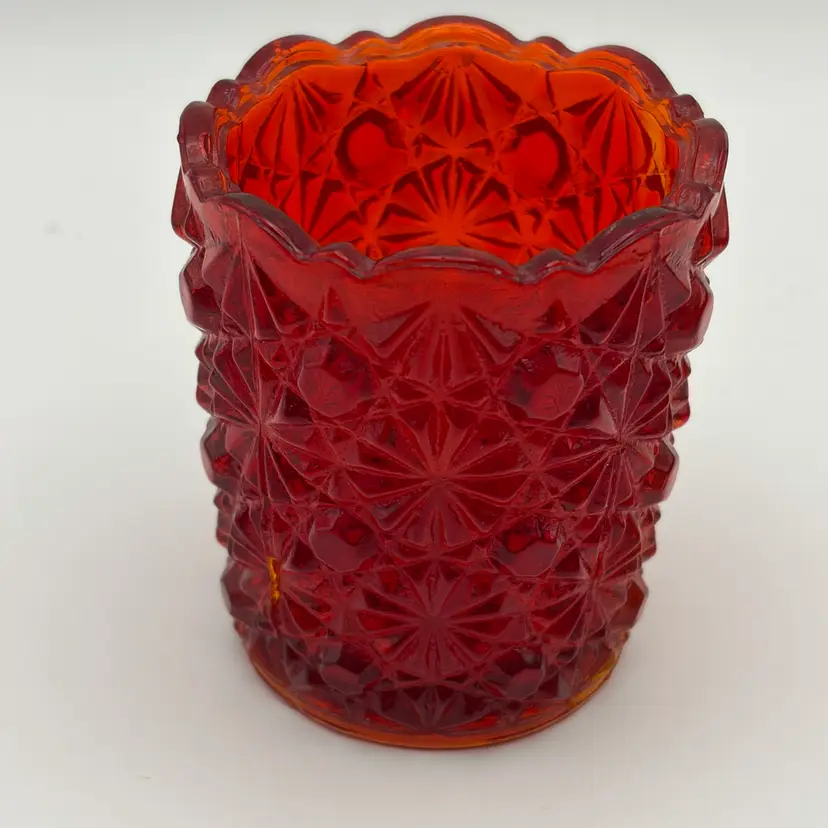 GLOWS! Vintage Mosser Glass Ruby Amberina Daisy And Buttons Toothpick Holder Tea Light Encircled “M” on Bottom