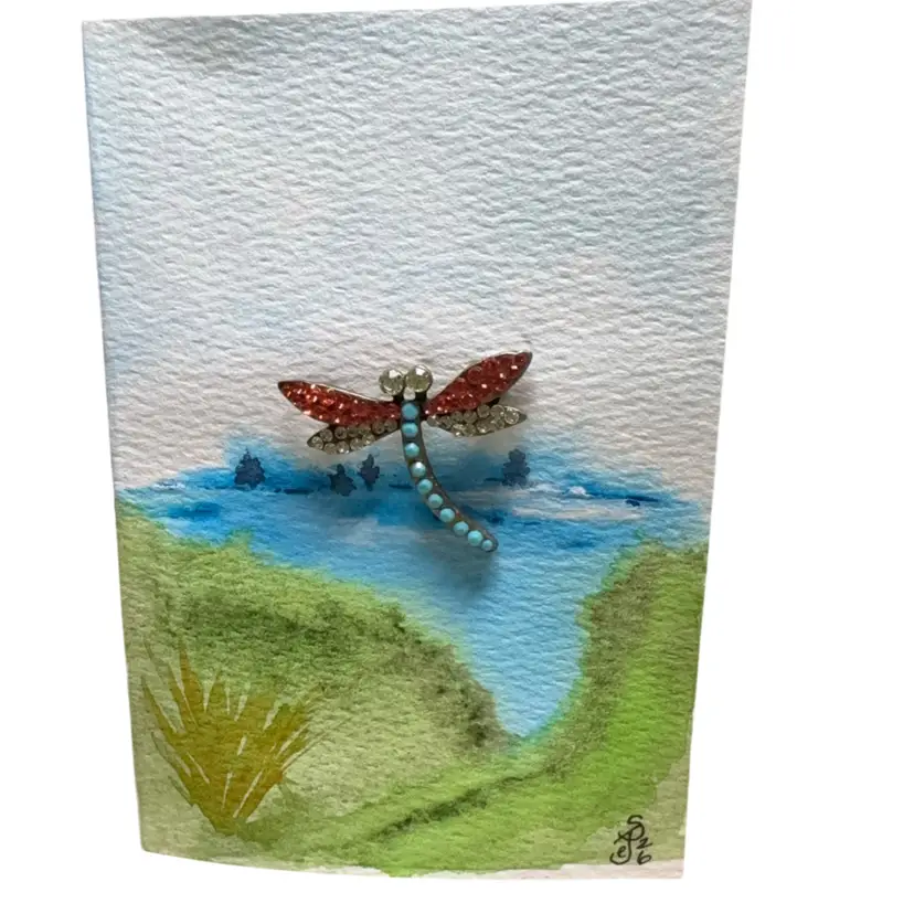 Original Watercolor Card Dragonfly Brooch Over Pond 5 X 3.5”