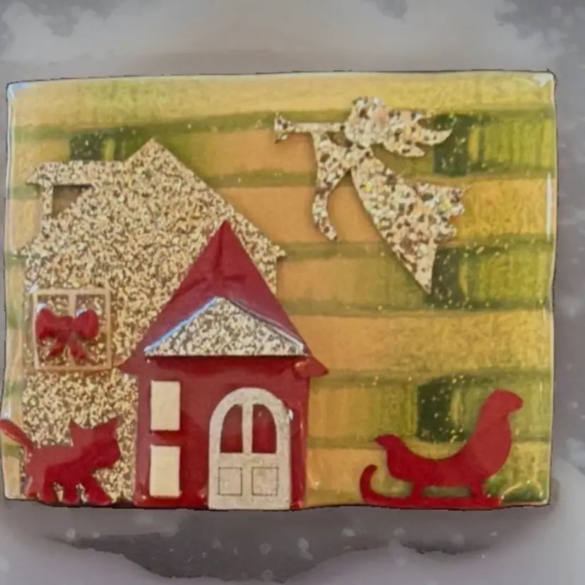 Lucinda Christmas Brooch, vintage,  Angel Cat Sleigh Silver Red Green Tan