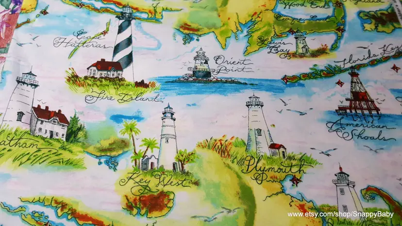 Lighthouse Destinations Flannel Fabric Remnant - 100% Cotton - Choose Size - Soft Craft & Quilting Fabric
