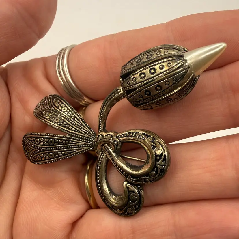 Antique Damascene Spain Faux Pearl Flower Brooch 2.5”