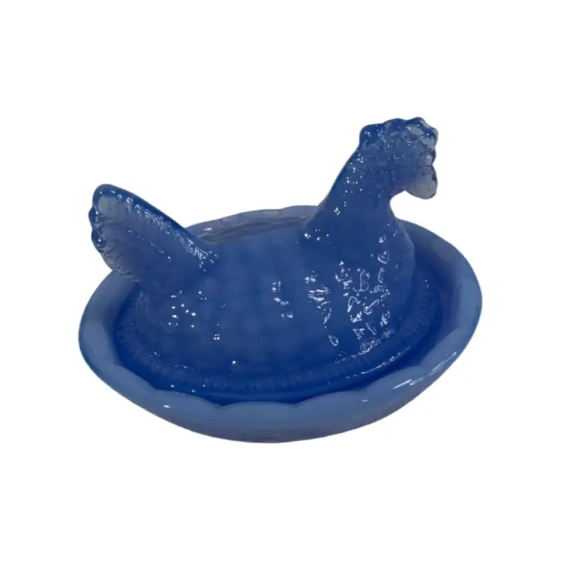 Small Blue Slag Glass Hen On Nest Salt Cellar