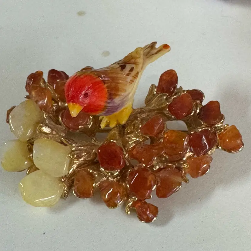 Bird Gemstone Tree Branch Brooch 1.75”