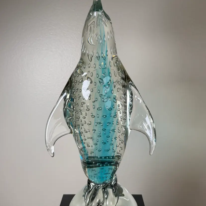 Art Glass Controlled Bubble Clear/Blue Penguin Statue