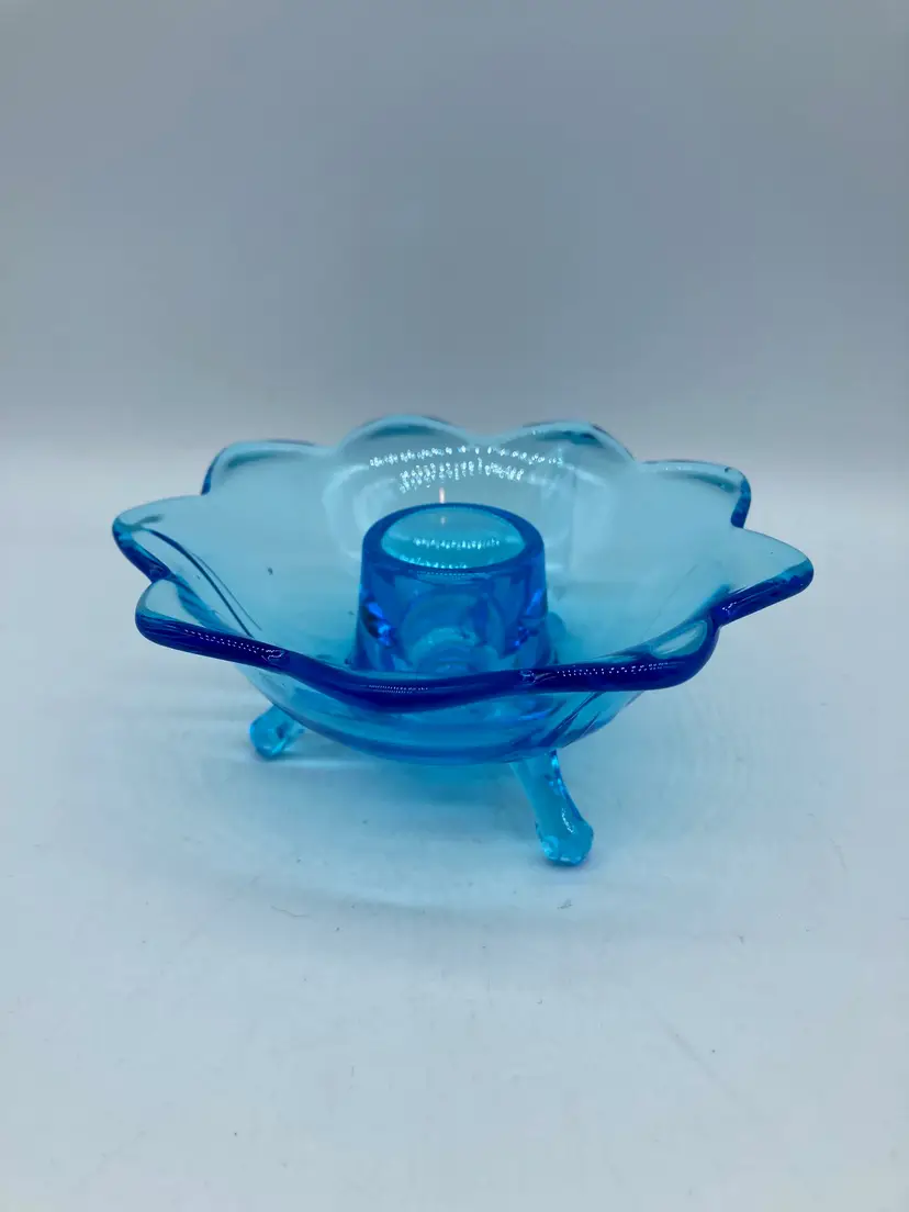Vintage Blue Glass Candle Holder, Fenton, Lotus