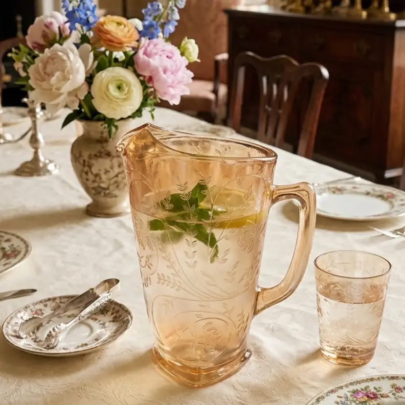 27. Vintage Jeannette Glass pitcher in the "Floragold" (or "Louisa") pattern, typically produced in the 1950s