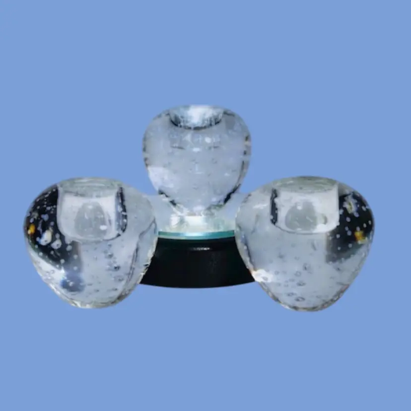 #232- Paperweight Candle Holder 3pc Art Glass Bullicante’  Clear Smooth Bottom Apple Strawberry Shape Taper Holder