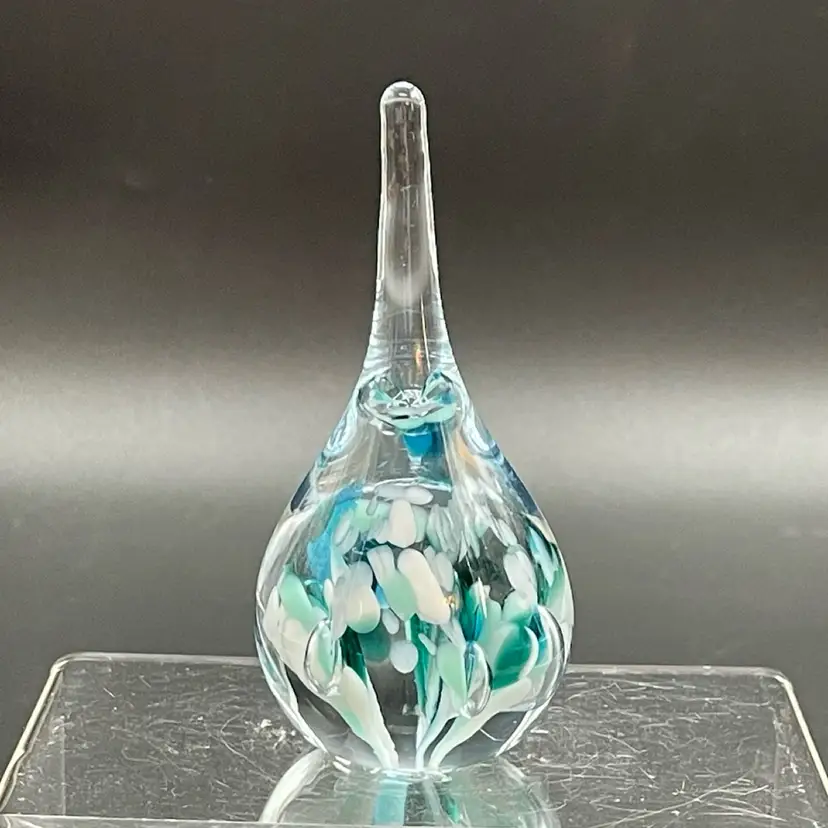 Gibson Glass Ring Holder Paperweight VTG 1997 Hand Blown Blue White Clear