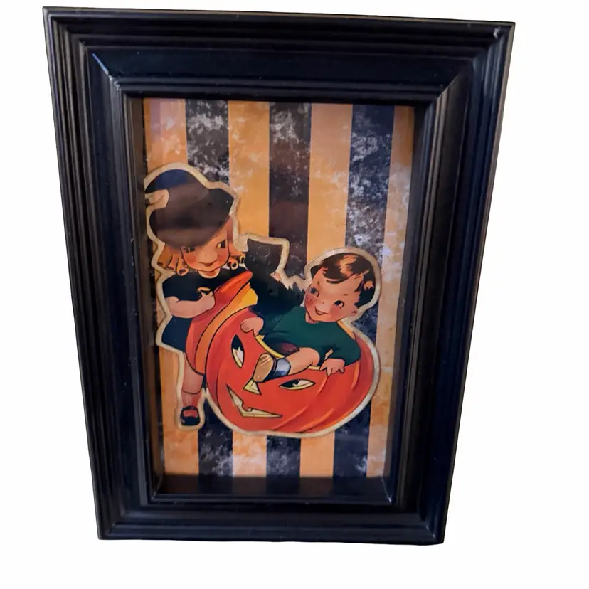 14 Vintage Retro Halloween Made By Me Striped Kitschy Kids & Pumpkin Decor 5.5x5.5