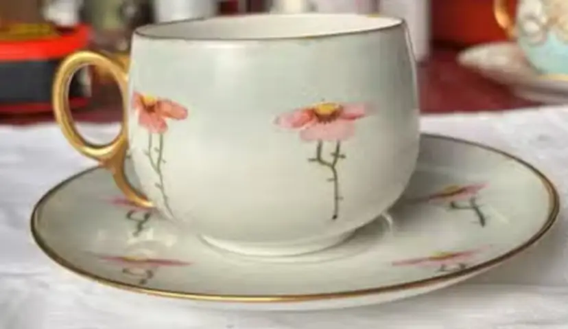 Signed Porcelain Hand-Painted Floral Teacup & Saucer, Gilded Handle, Vintage Flower cup