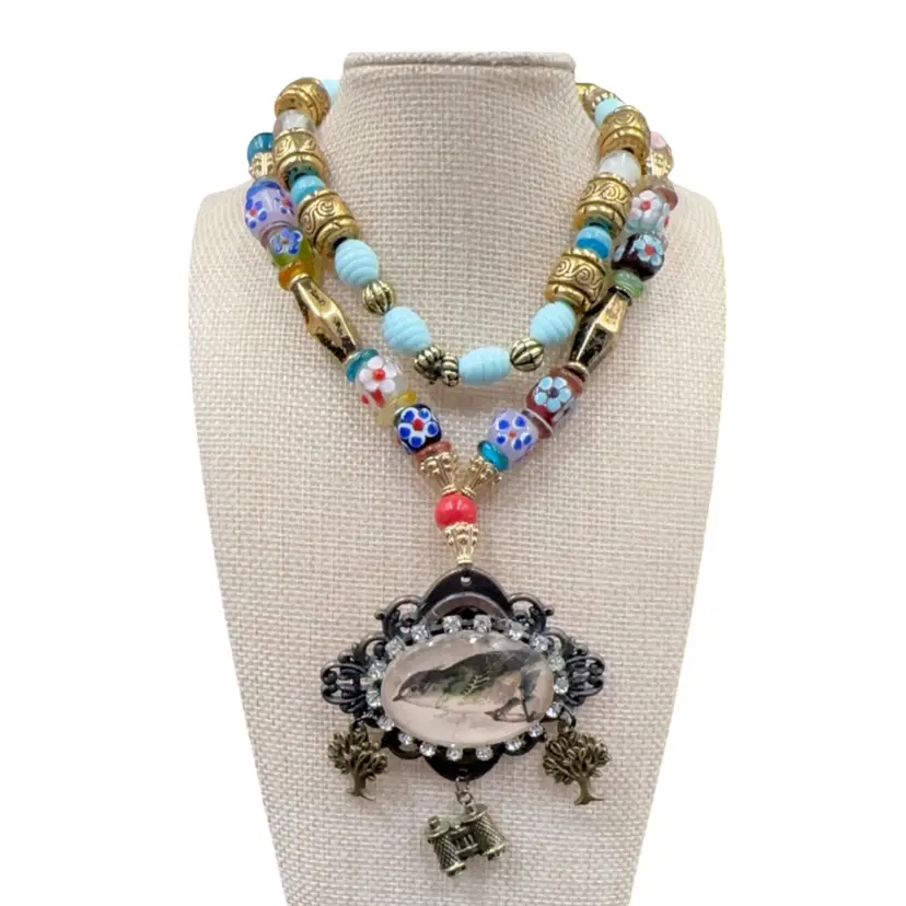 One Of A Kind Handmade Repurposed Chunky Birdwatching Necklace Very Adorable And Colorful.