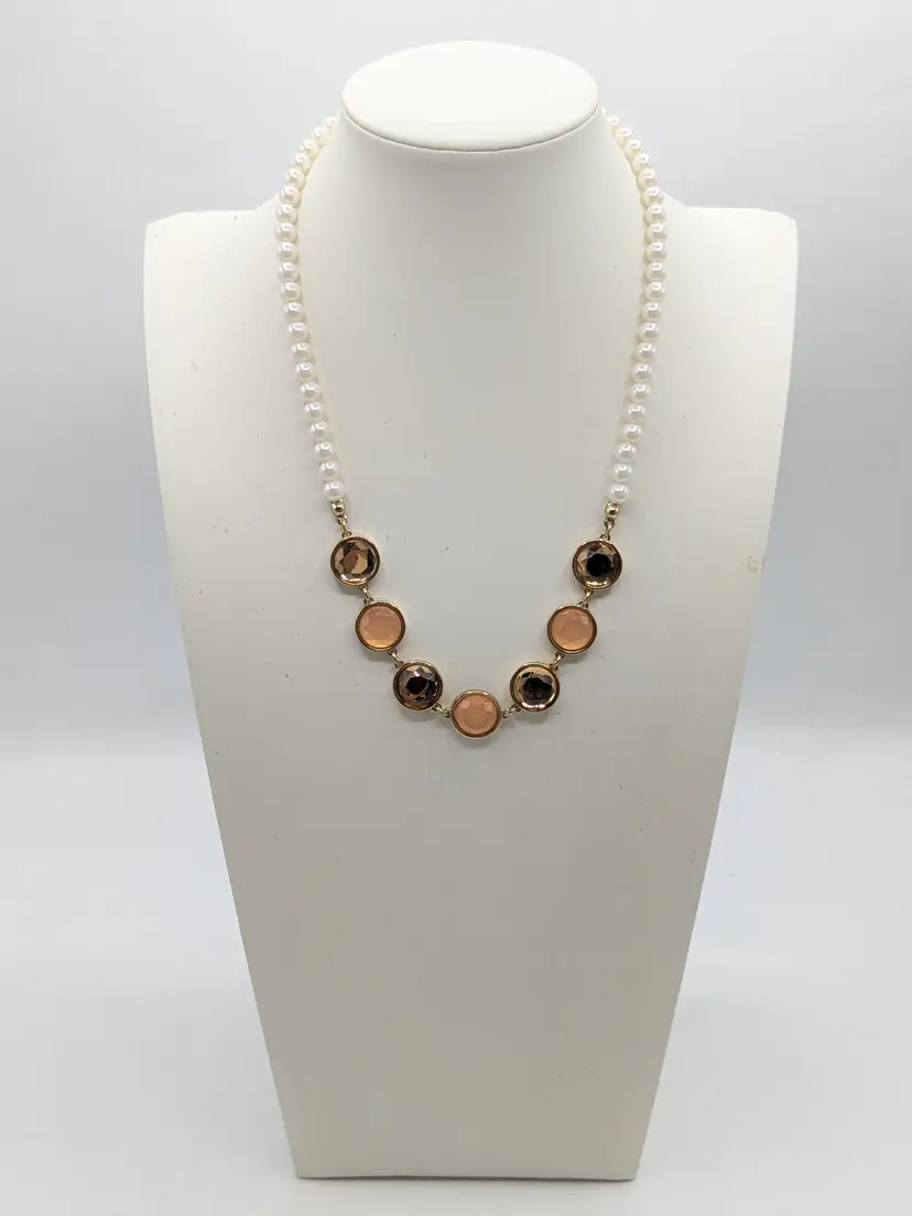 Vera Bradley Gold Tone Faux Pearl Peach Amber Color Necklace NWT