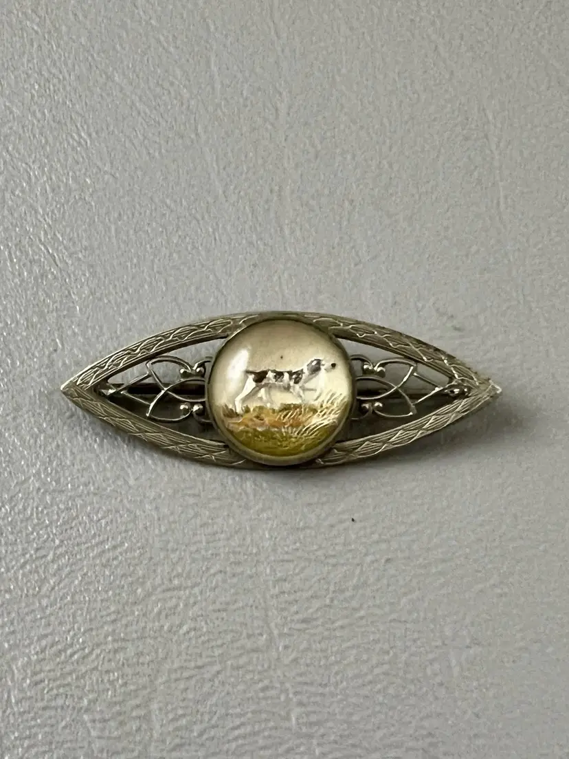 Vintage Silver Tone Filigree Bar Brooch Reverse Painted Pointer Dog Glass Pin